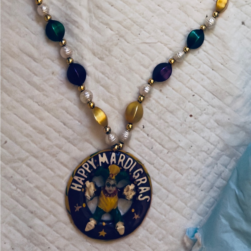 Mardi Gras Beaded Necklace with Pendant Jester